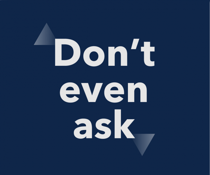 don't even ask logo, white in navy blue background