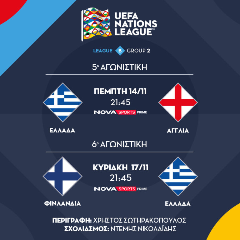 Nova: To φινάλε των ομίλων του UEFA Nations League με όλους τους αγώνες και Ελλάδα- Αγγλία & Φινλανδία – Ελλάδα στα κανάλια Novasports